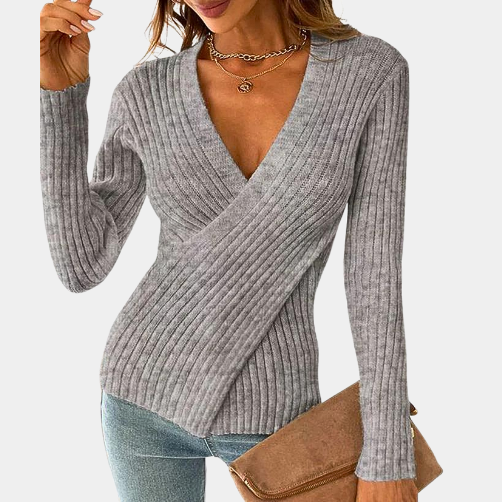 Street-wave Women's Wrap Knit Pullover Flattering Cross Wrap Silhouette Soft Ribbed Knitwear For Cozy Everyday Style