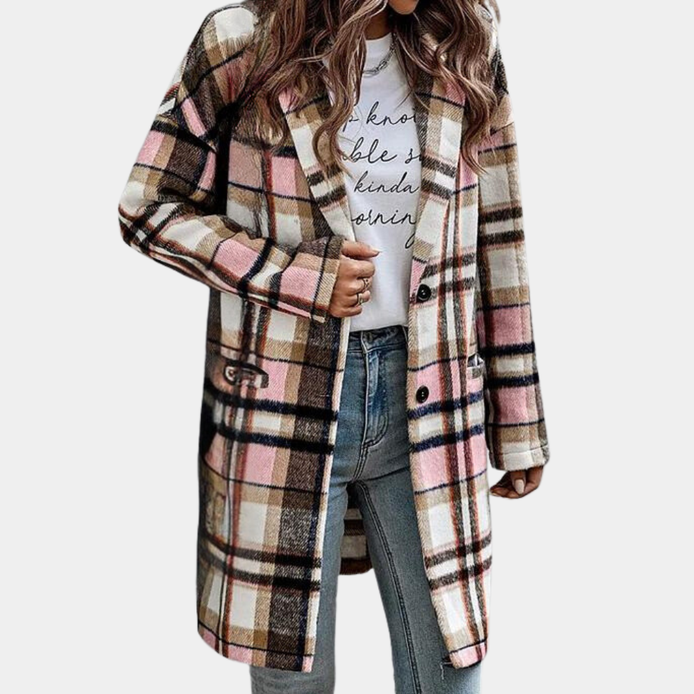 Street Wave Terenia Checked Long Coat For Women Cozy Plaid All Season Autumn Winter Jacket