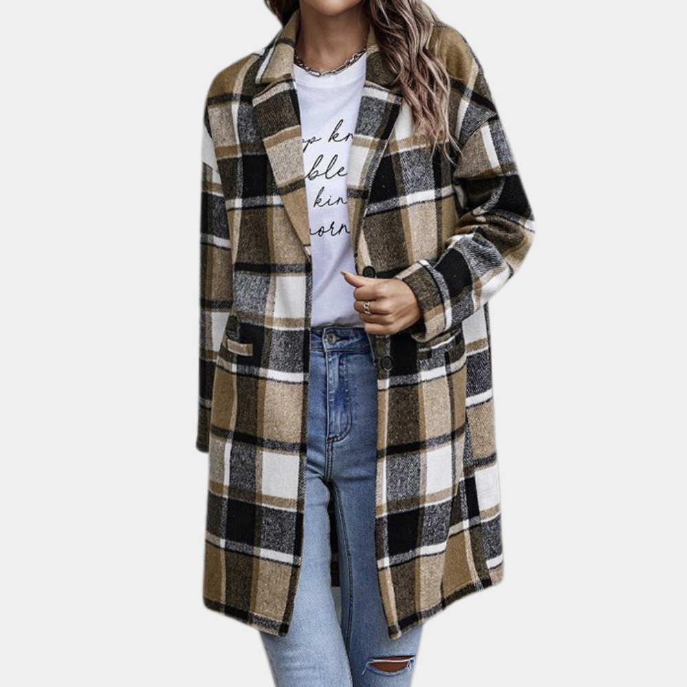 Street Wave Wool Blend Coat For Women Checkered Knee Length Timeless