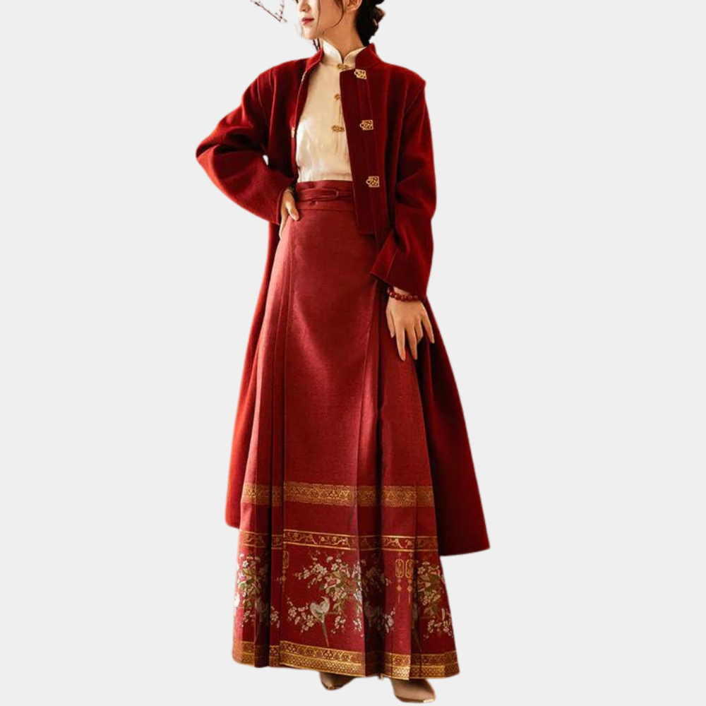 Street Wave Elegant Long Red Coat With Stand Collar For Women Refined Velvet Look And Style