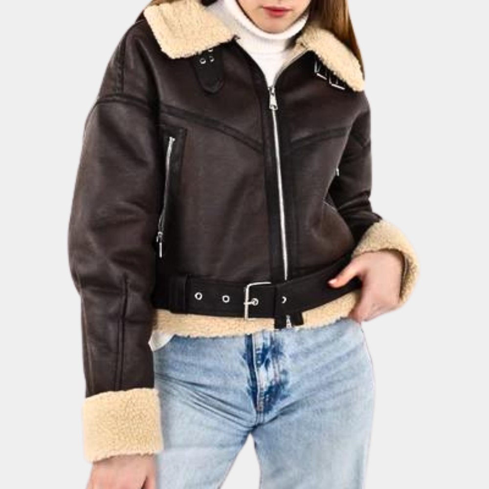 Street-wave PU Leather Short Winter Jacket For Women With Shearling Trim And Cozy Warmth