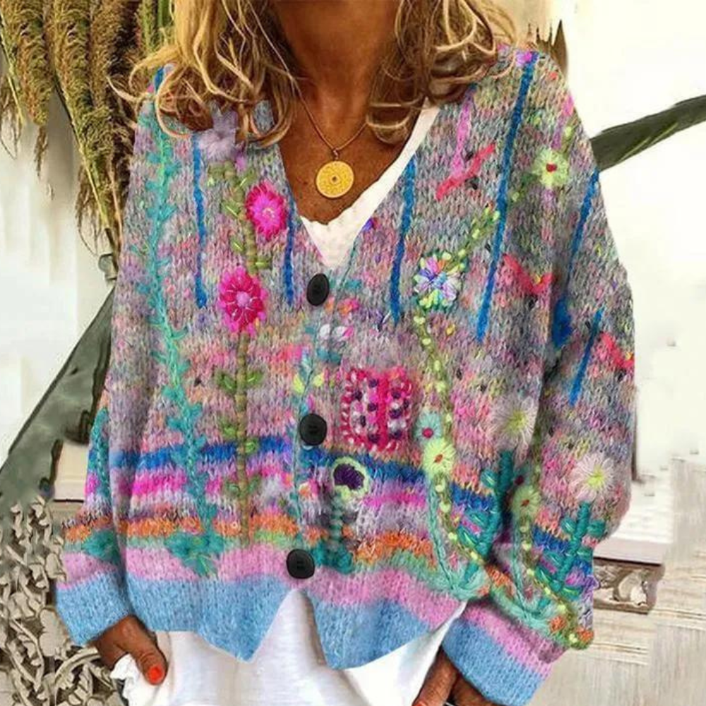Street-Wave Womens Cardigan Oversized Floral V Neck Cozy