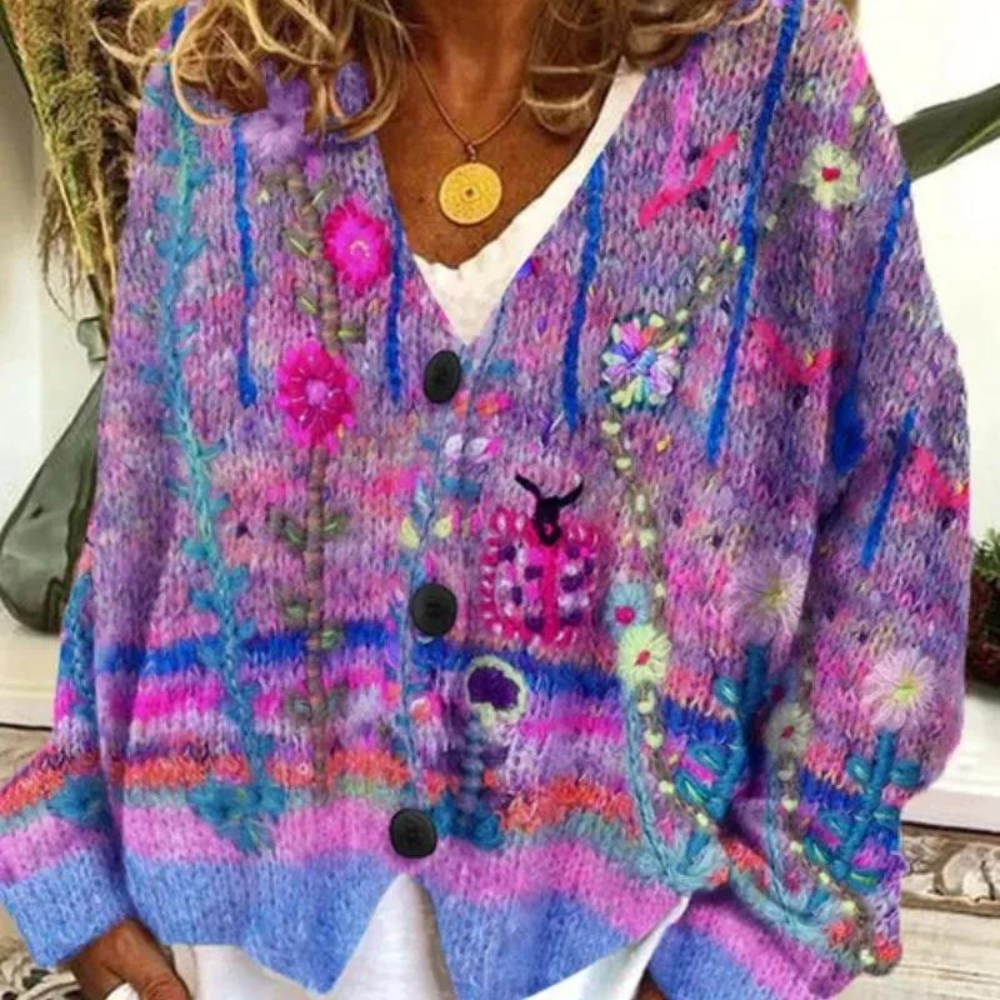 Street-Wave Womens Cardigan Oversized Floral V Neck Cozy