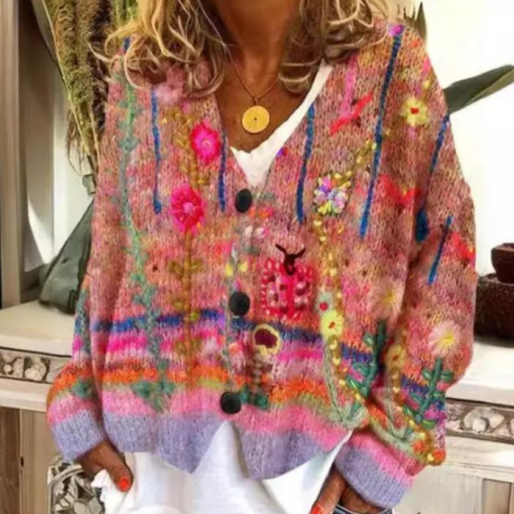 Street-Wave Womens Cardigan Oversized Floral V Neck Cozy