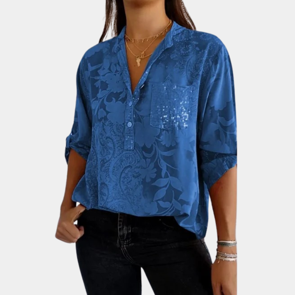 Street Wave Women's Loose Fit Floral Blouse V Neck Button Front Sequin Pocket