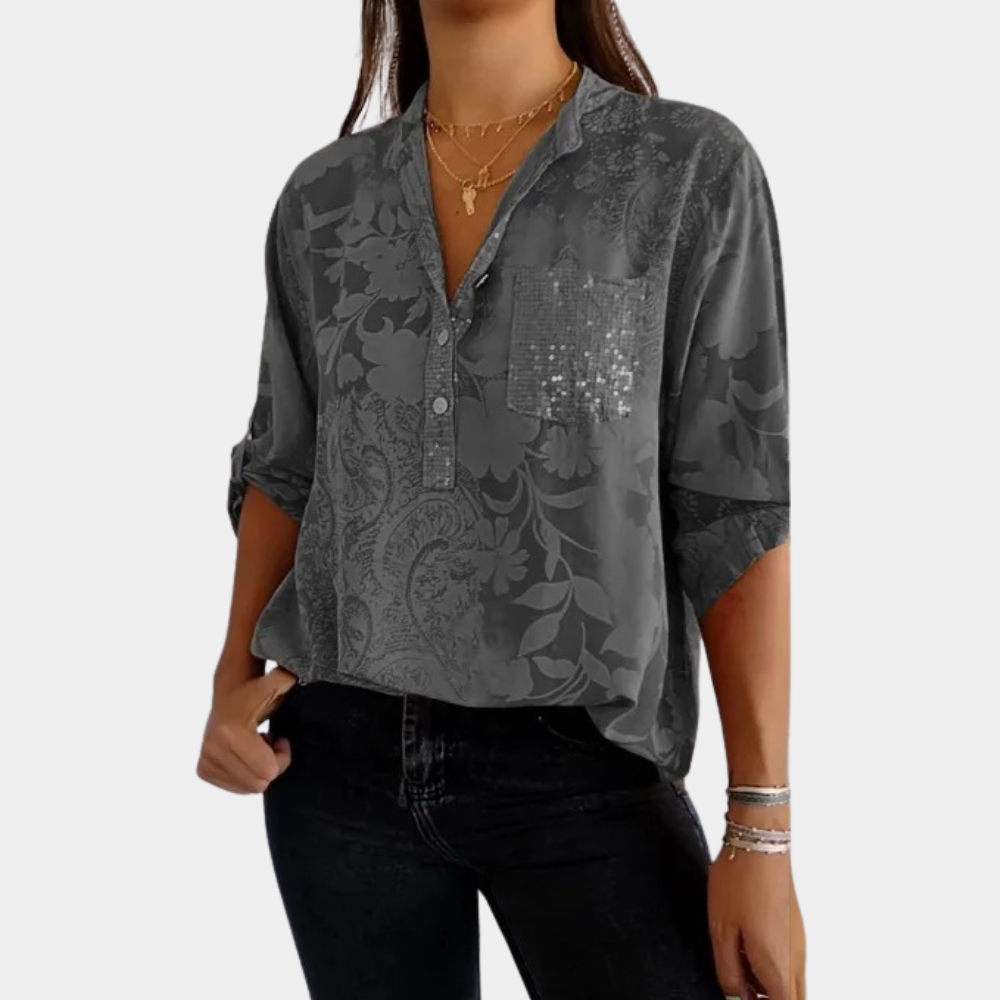 Street Wave Women's Loose Fit Floral Blouse V Neck Button Front Sequin Pocket