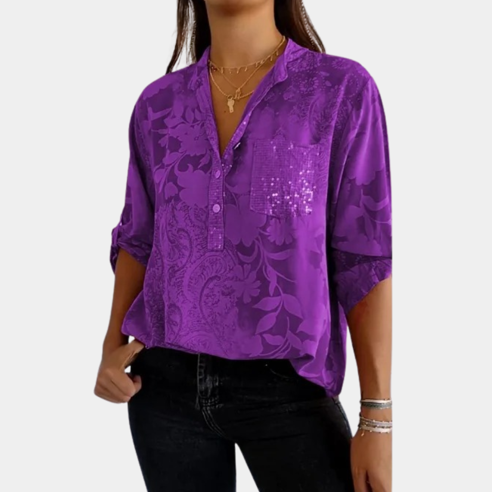 Street Wave Women's Loose Fit Floral Blouse V Neck Button Front Sequin Pocket