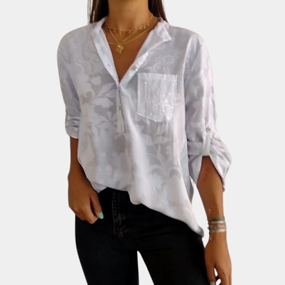Street Wave Women's Loose Fit Floral Blouse V Neck Button Front Sequin Pocket