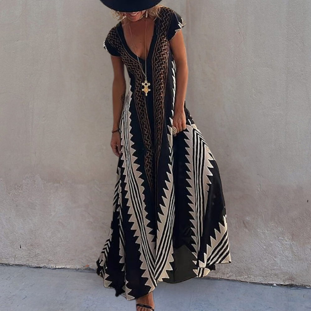 Street-Wave Women's Maxi Dress Breezy Sleeveless V-Neck Geometric Pattern