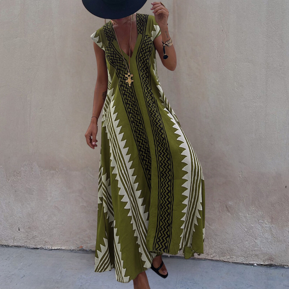 Street-Wave Women's Maxi Dress Breezy Sleeveless V-Neck Geometric Pattern