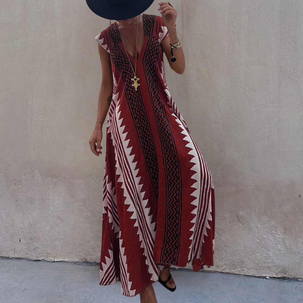 Street-Wave Women's Maxi Dress Breezy Sleeveless V-Neck Geometric Pattern