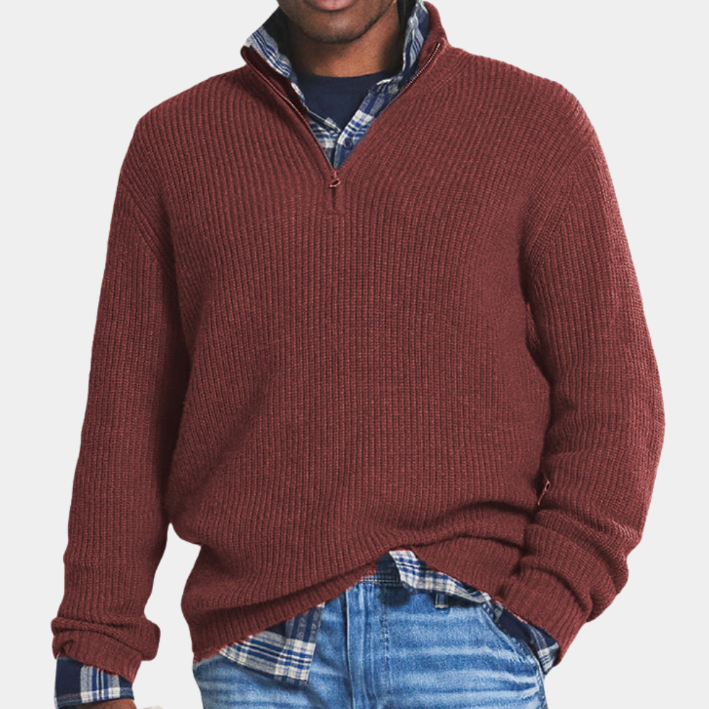 Street-Wave Men's Half Zip Ribbed Knit Sweater With Stand Collar Relaxed Fit