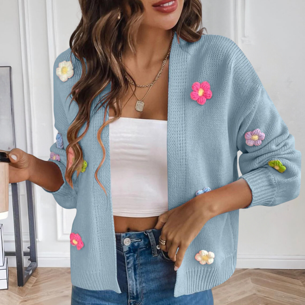 Street-Wave Womens Cardigan With 3D Floral Embellishments Playful Lightweight Knit For Women