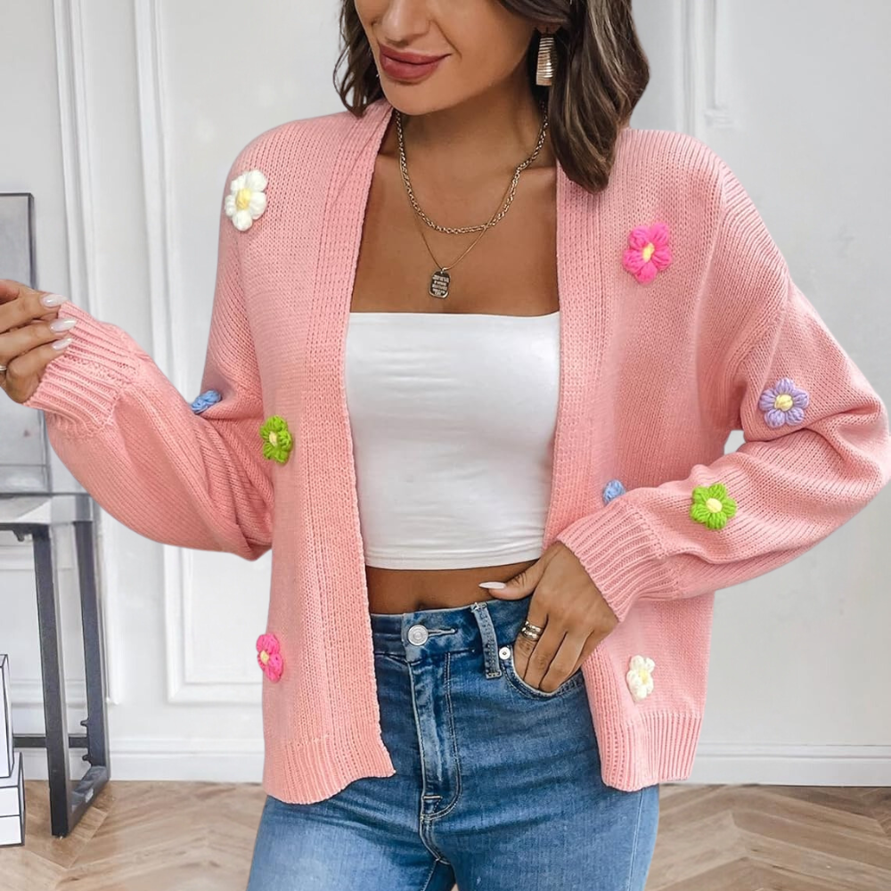 Street-Wave Womens Cardigan With 3D Floral Embellishments Playful Lightweight Knit For Women