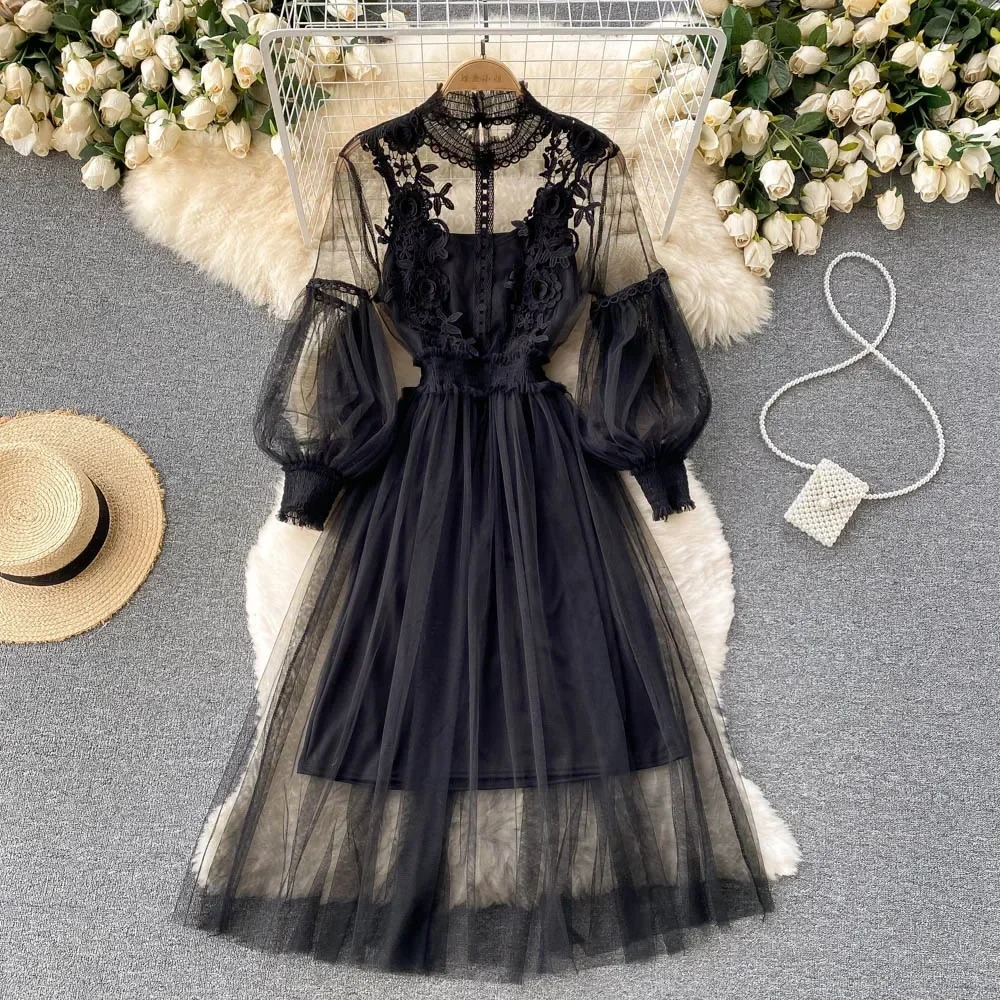Street Wave Lace Dress High Collar Embroidery Women Tulle