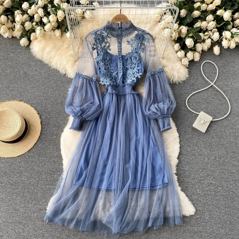 Street Wave Lace Dress High Collar Embroidery Women Tulle