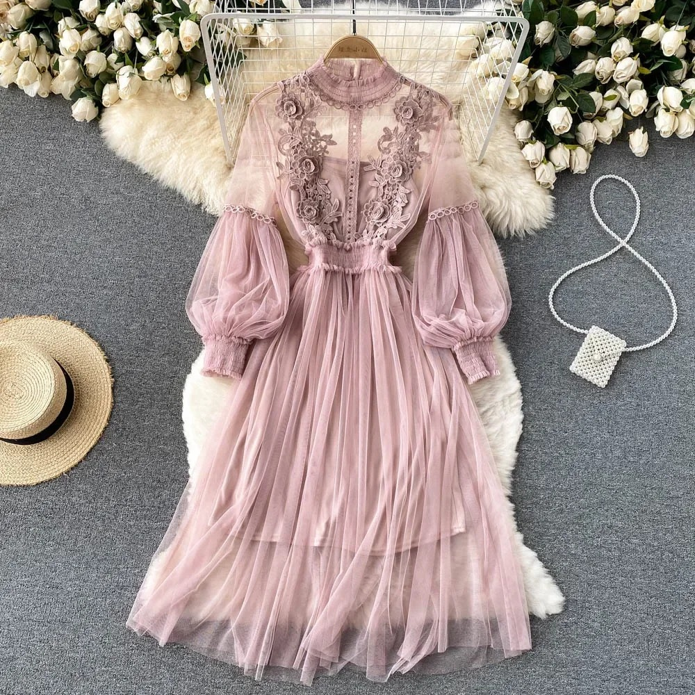 Street Wave Lace Dress High Collar Embroidery Women Tulle