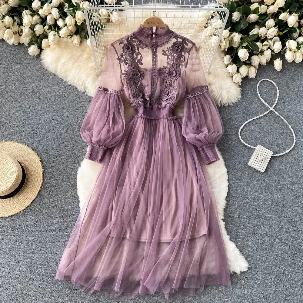 Street Wave Lace Dress High Collar Embroidery Women Tulle