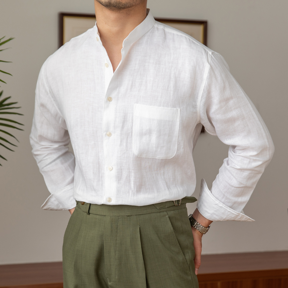 Street-Wave Mens Breathable Linen Blend Shirt With Mandarin Collar Relaxed Fit