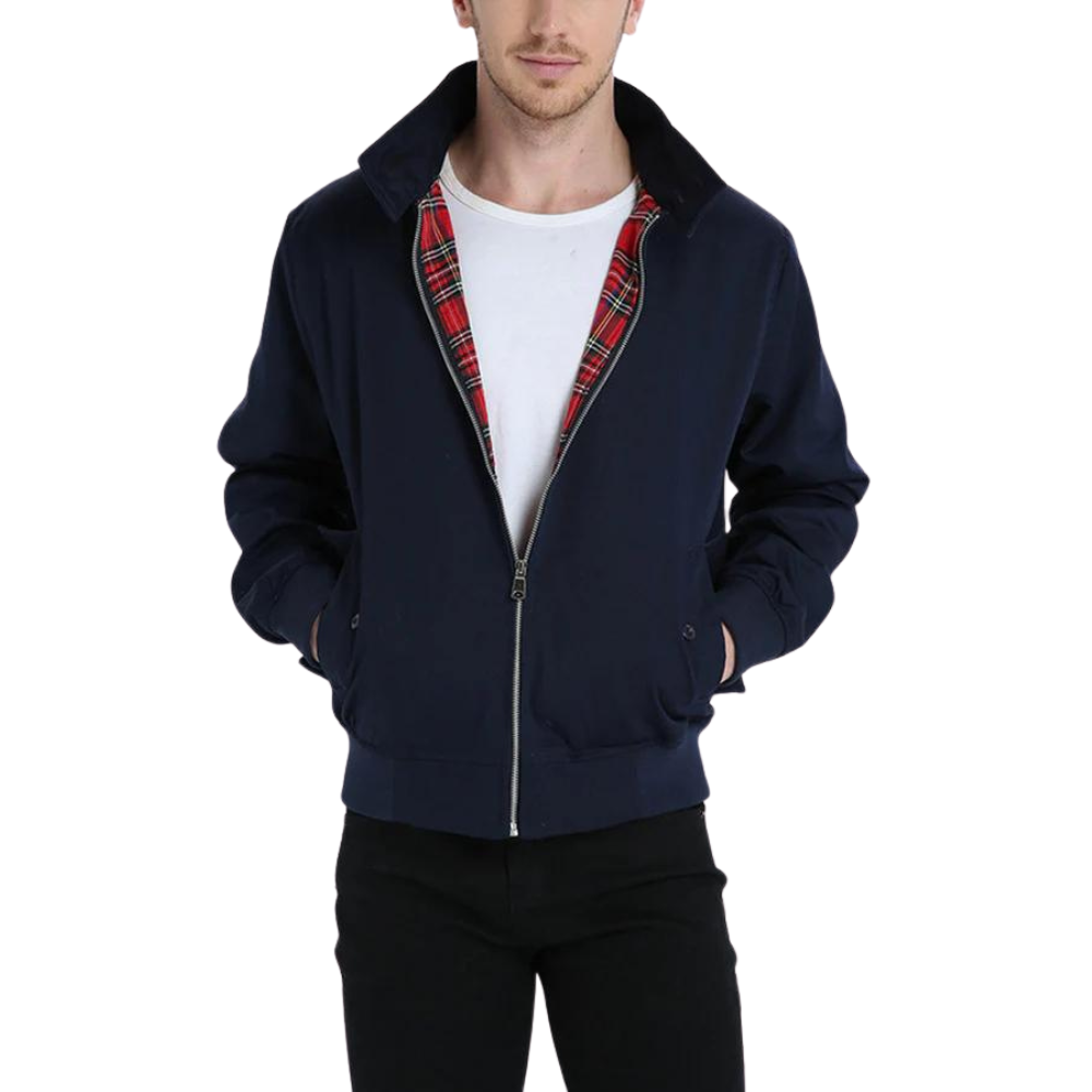 Street-Wave Mens Jacket Stylish Black Zip Bomber With Red Plaid Lining For Trendsetting Men