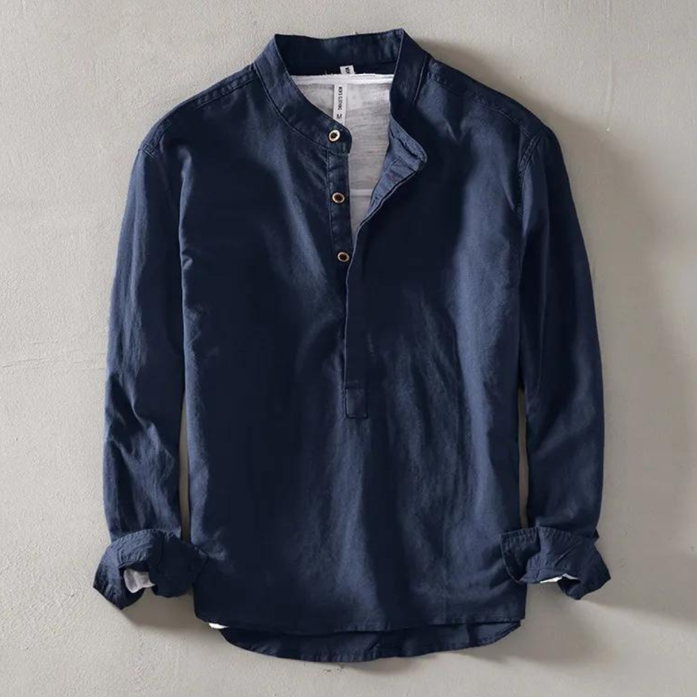 Street Wave Mens Henley Shirt Breathable Cotton Linen Blend With Mandarin Collar