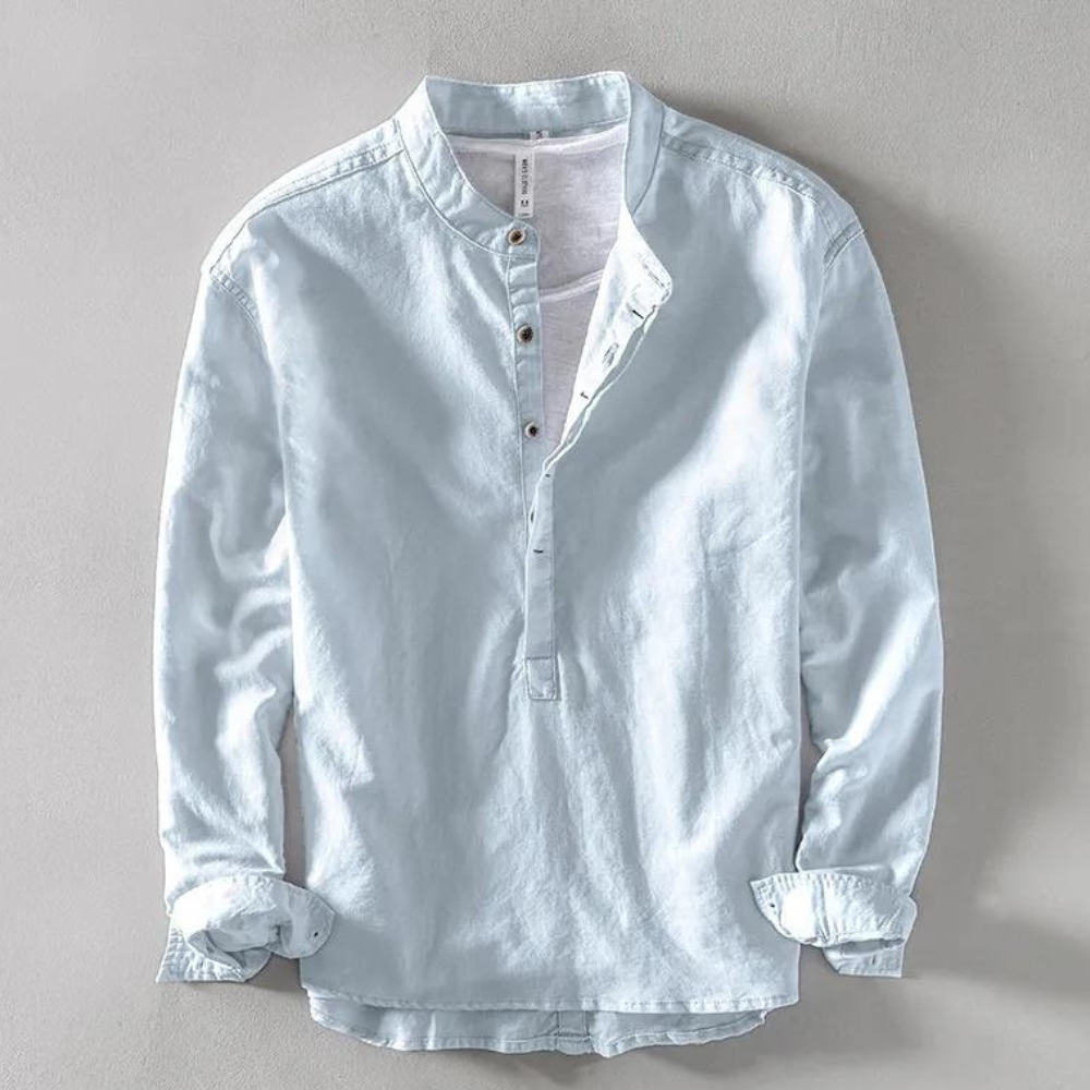Street Wave Mens Henley Shirt Breathable Cotton Linen Blend With Mandarin Collar