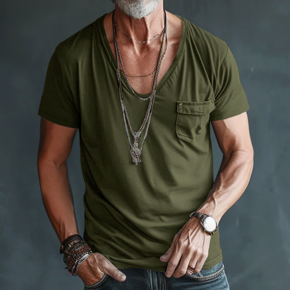 Street Wave Mens Nordic Flair V Neck T Shirt With Chest Pocket Relaxed Fit