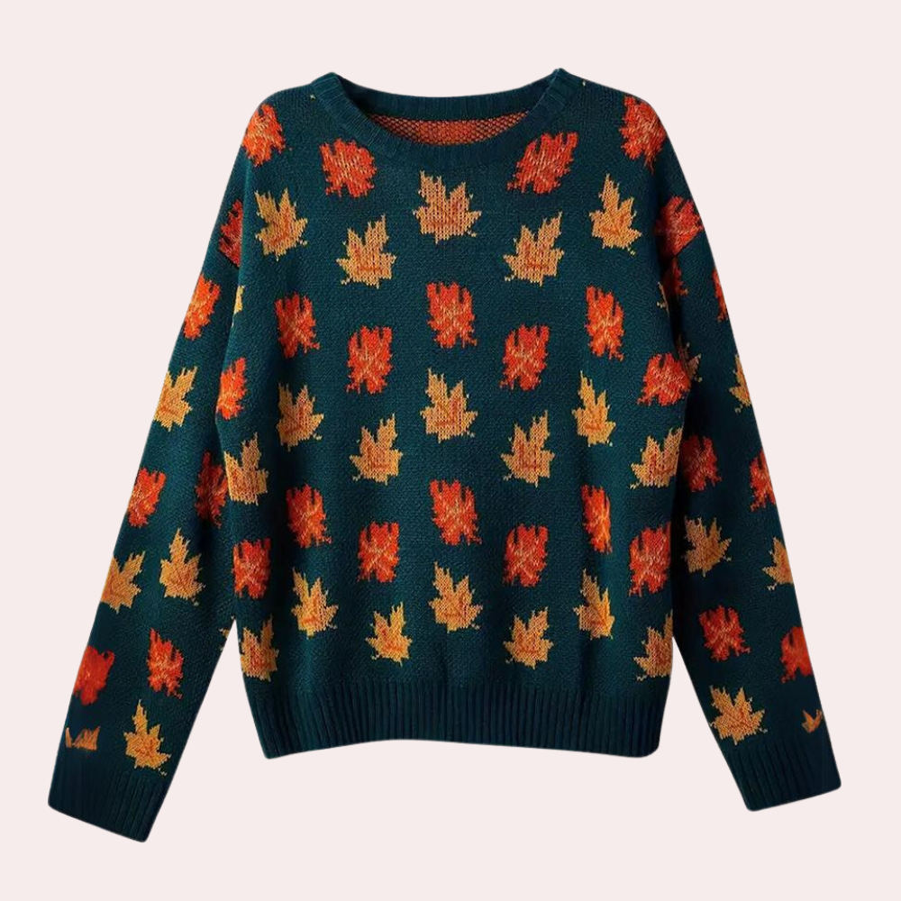 Street-wave Leaf Pattern Knit Sweater Women Cozy Autumn Roundneck Ribbed Cuffs Warm Stylish