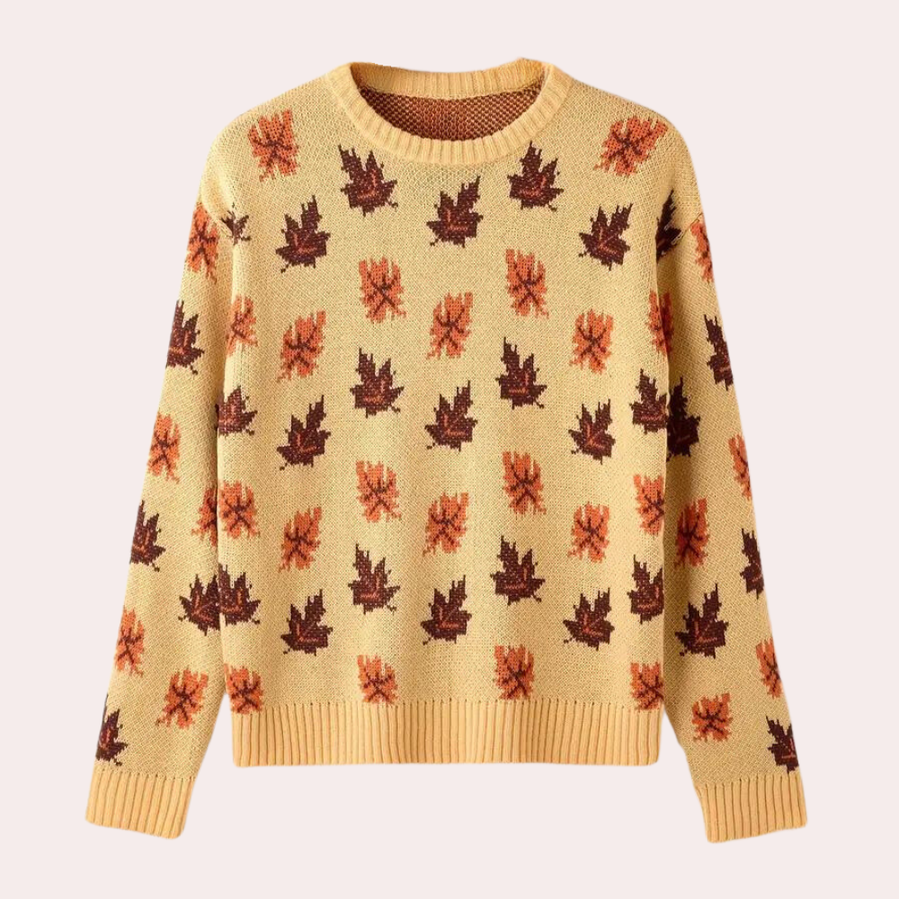 Street-wave Leaf Pattern Knit Sweater Women Cozy Autumn Roundneck Ribbed Cuffs Warm Stylish