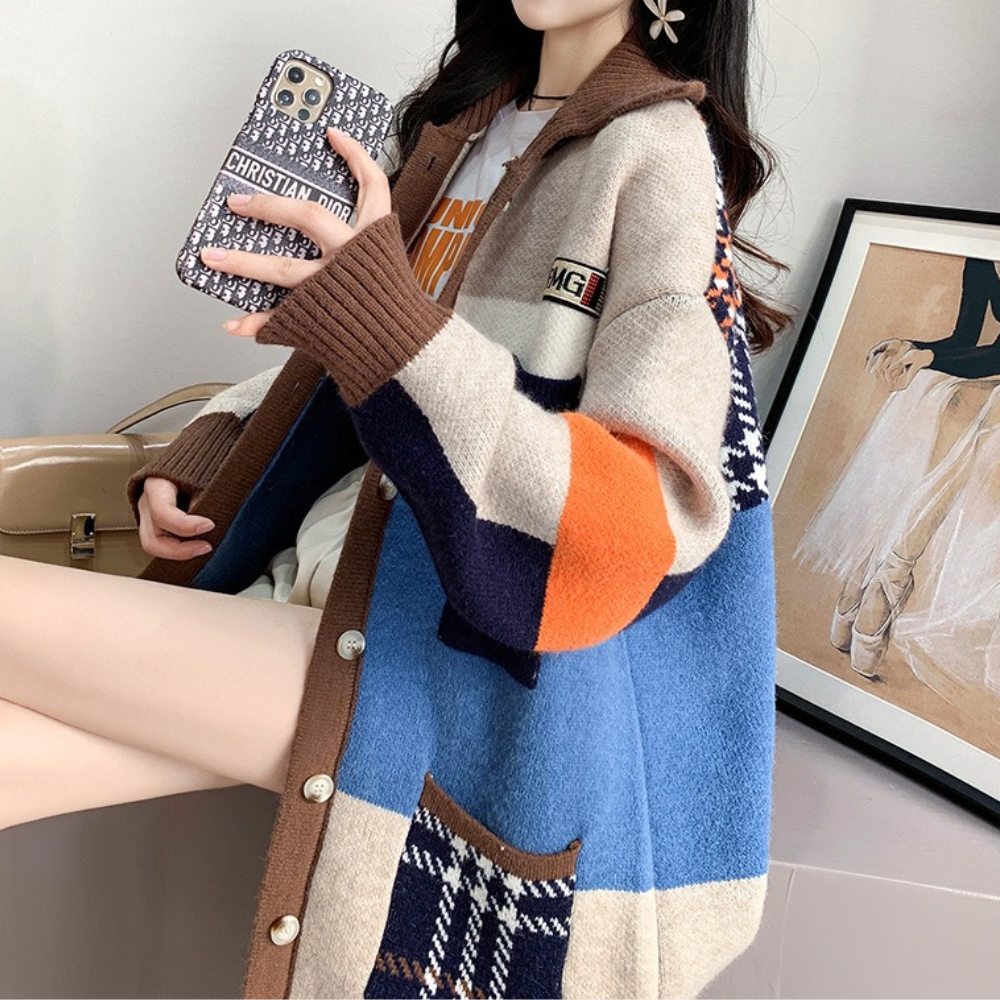 Street-wave Edwina Oversized Knit Cardigan For Women Cozy Versatile Patchwork Design