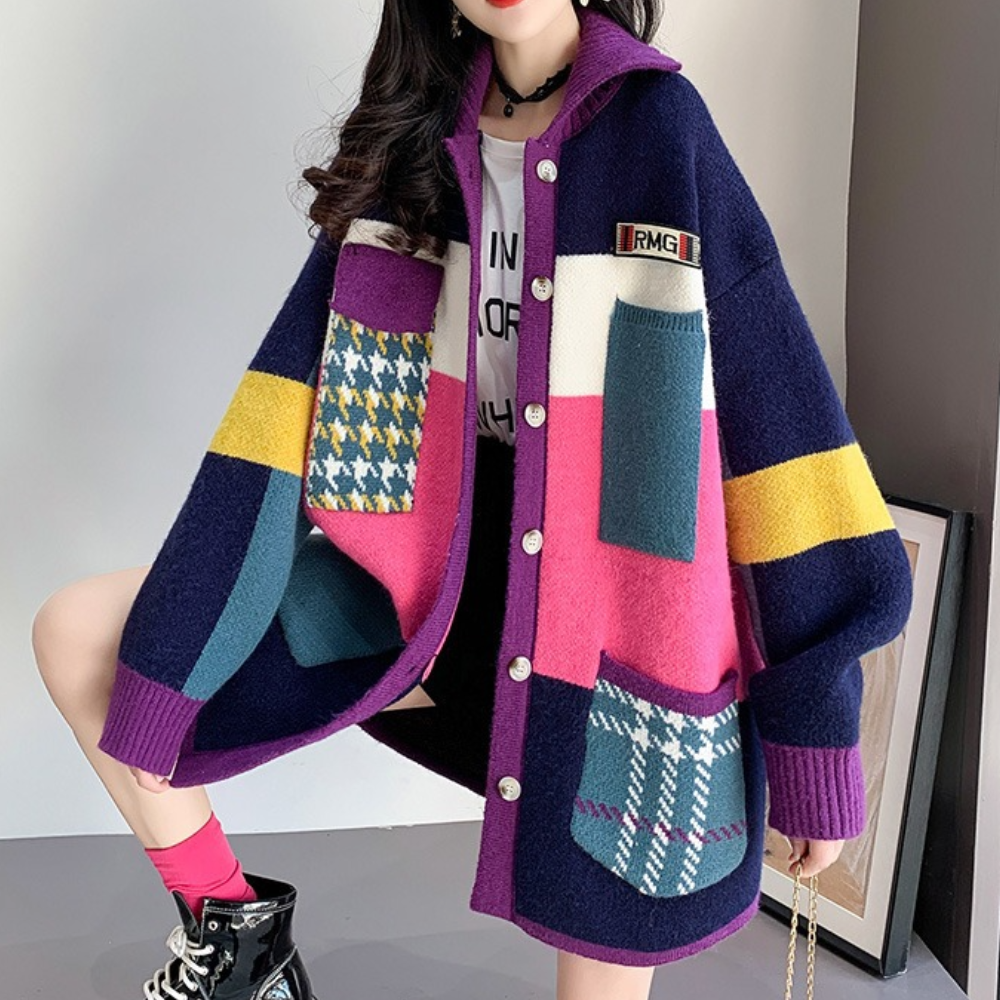 Street-wave Edwina Oversized Knit Cardigan For Women Cozy Versatile Patchwork Design