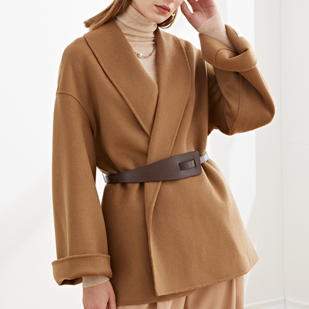 Street-wave Belted Wool Coat For Women With Wide Lapel Elegant Comfort And Tailored Fit