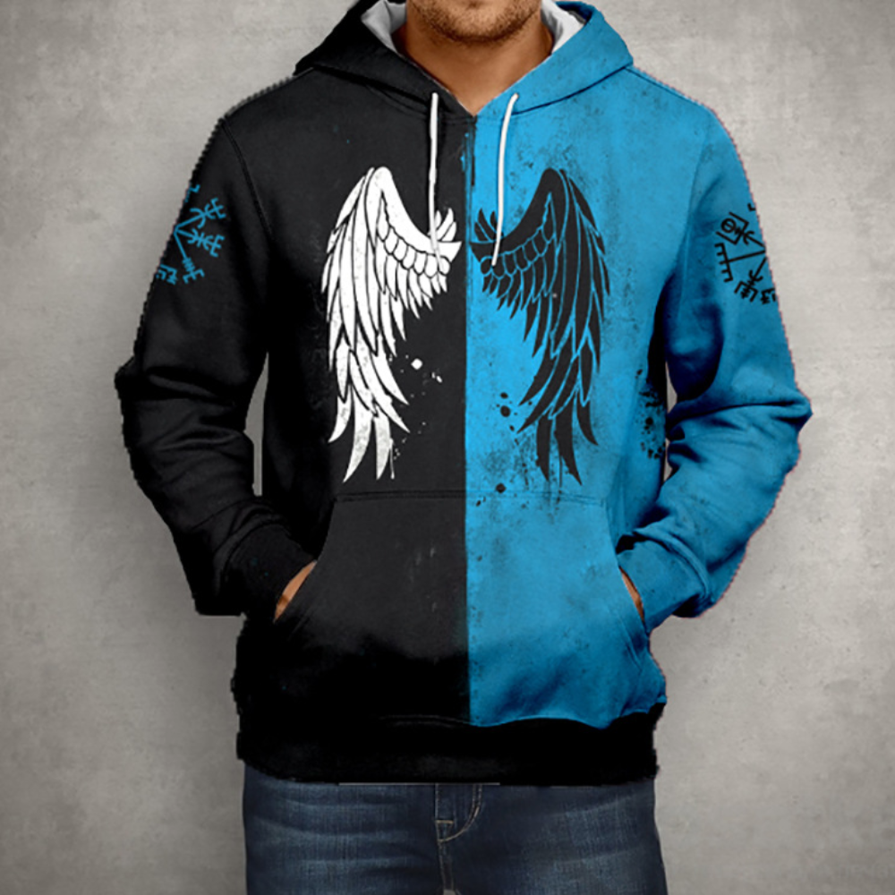 Street-Wave Angel Wing Hoodie For Men - Modern Black White Split With Zip Cozy Polyester Comfort