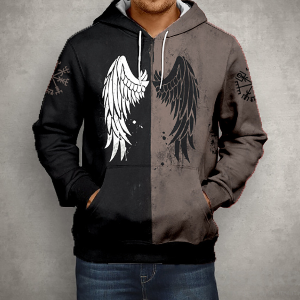 Street-Wave Angel Wing Hoodie For Men - Modern Black White Split With Zip Cozy Polyester Comfort