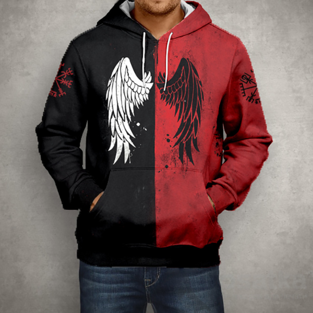 Street-Wave Angel Wing Hoodie For Men - Modern Black White Split With Zip Cozy Polyester Comfort