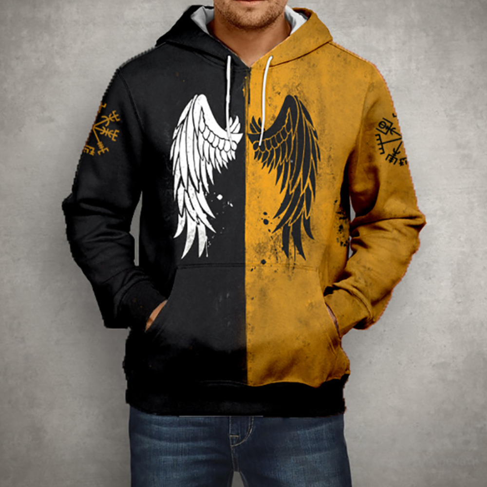 Street-Wave Angel Wing Hoodie For Men - Modern Black White Split With Zip Cozy Polyester Comfort