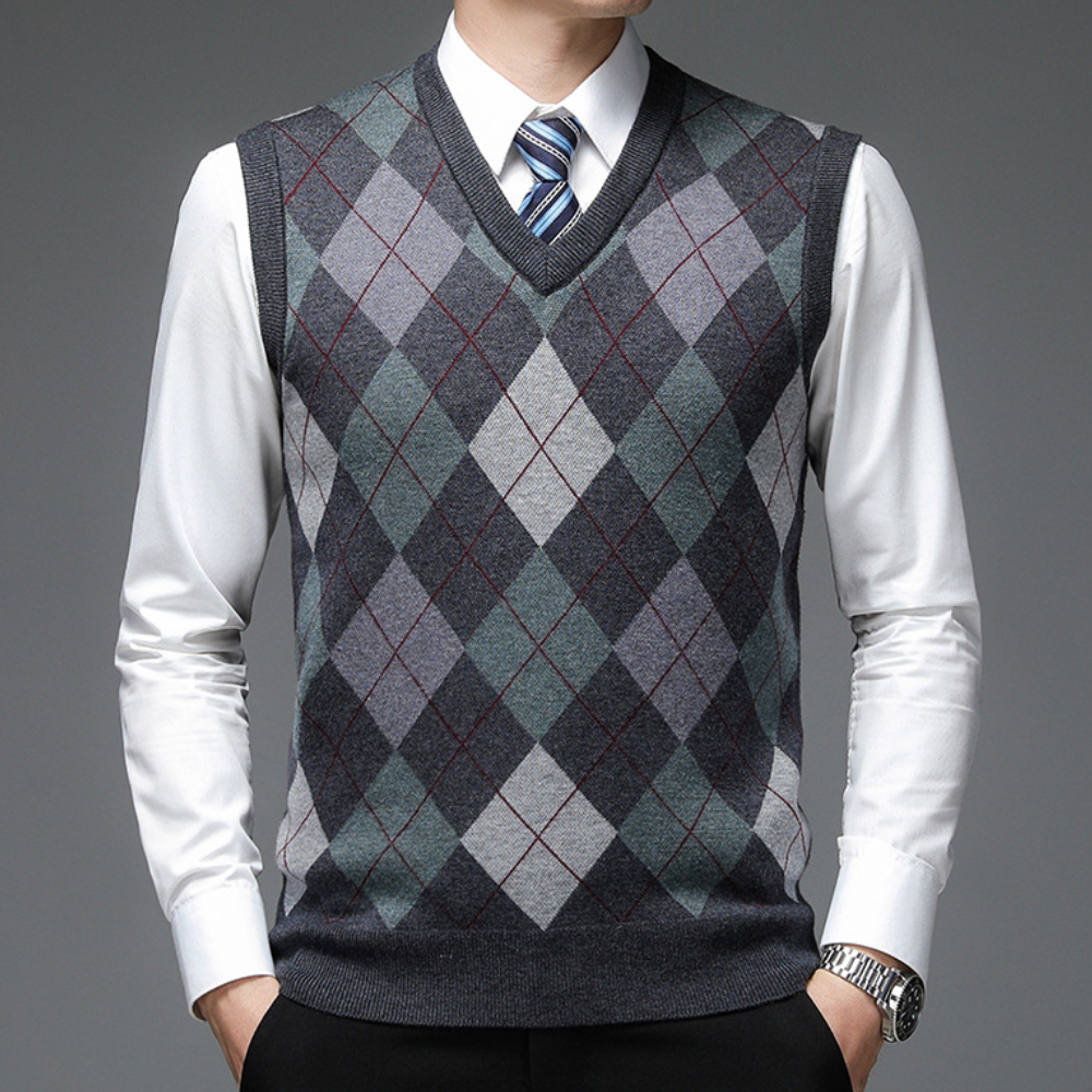 Street-Wave Mens Knitted Argyle Sweater Vest Tailored Fit