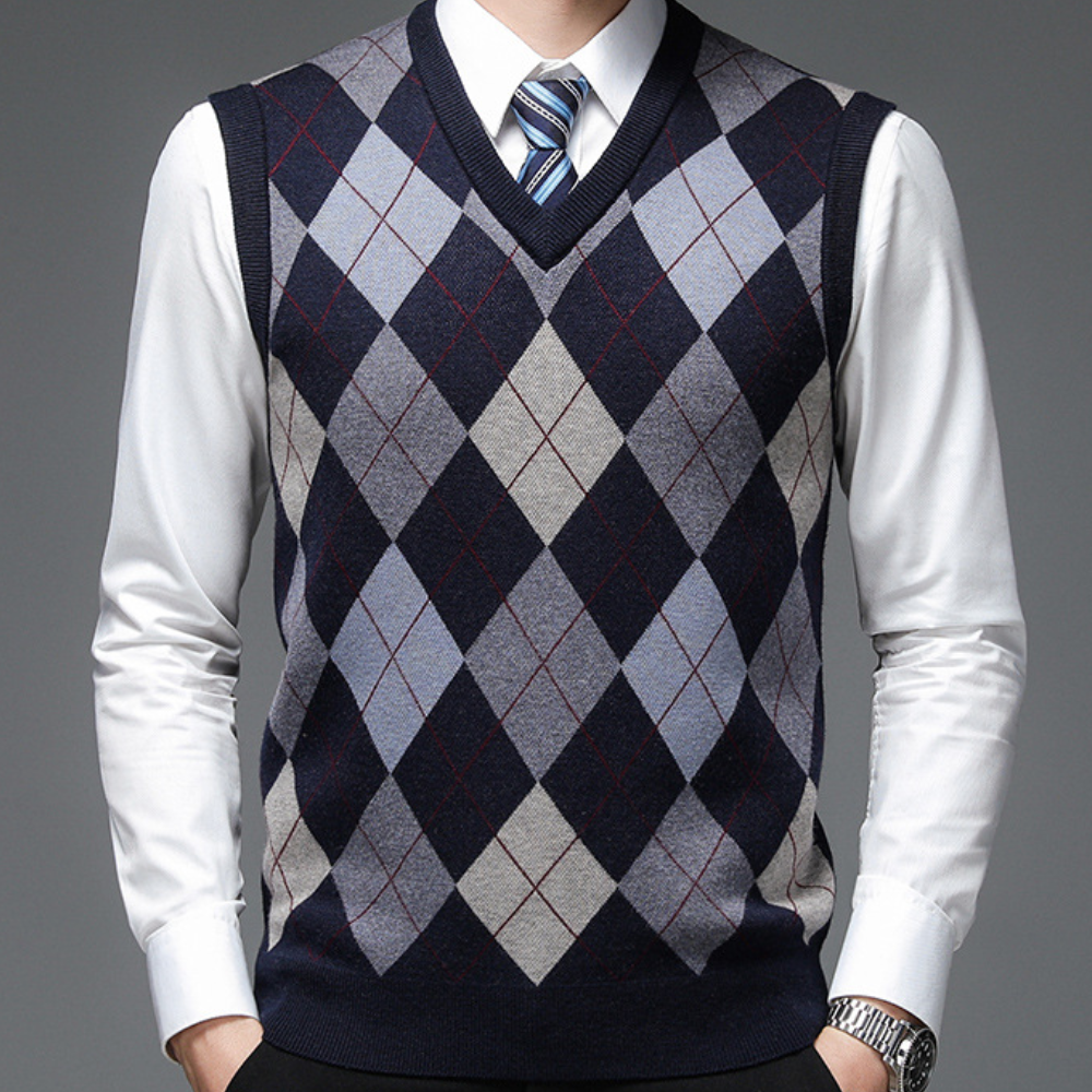 Street-Wave Mens Knitted Argyle Sweater Vest Tailored Fit