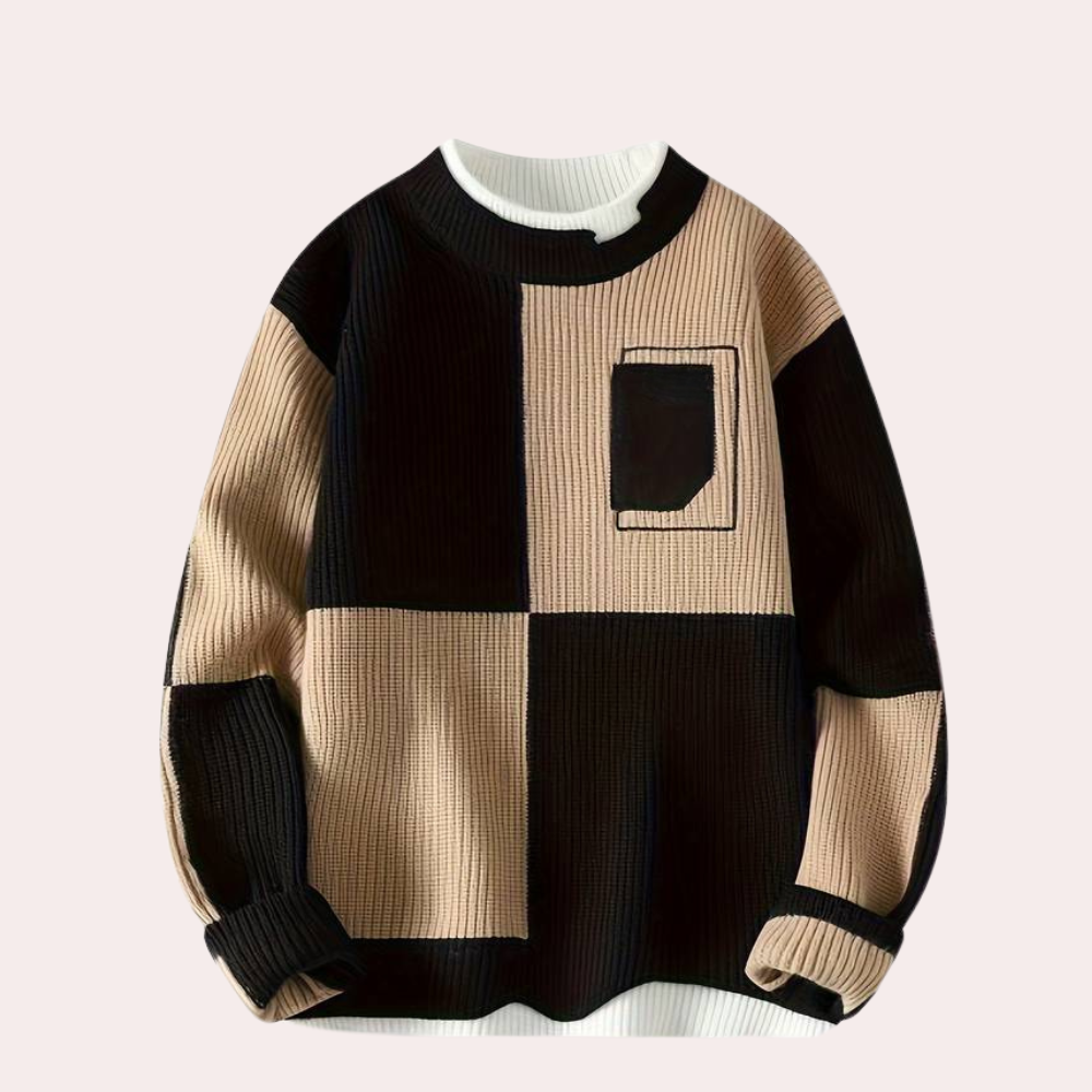 Street-Wave Patchwork Knit Sweater Color-Block Plaid For Urban Fashion Fans Cozy Modern Design