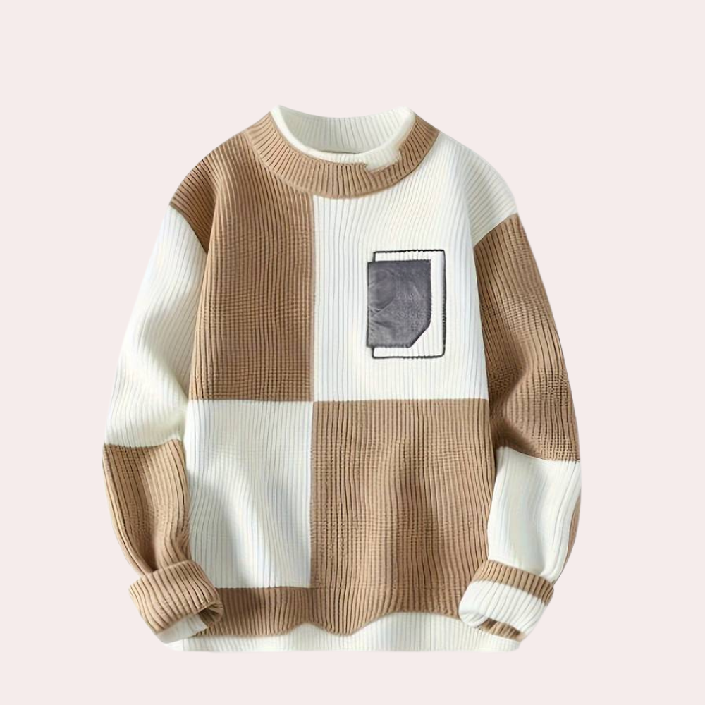 Street-Wave Patchwork Knit Sweater Color-Block Plaid For Urban Fashion Fans Cozy Modern Design