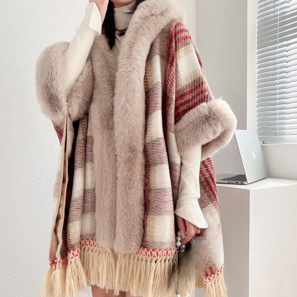 Street-wave Winter Shawl For Women, Soft Plush Faux Fur Wrap With Fringe, Luxurious Warmth