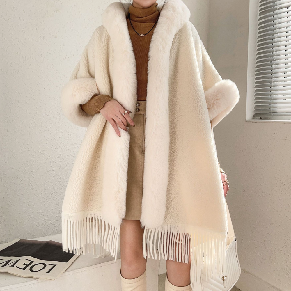 Street-wave Winter Shawl For Women, Soft Plush Faux Fur Wrap With Fringe, Luxurious Warmth