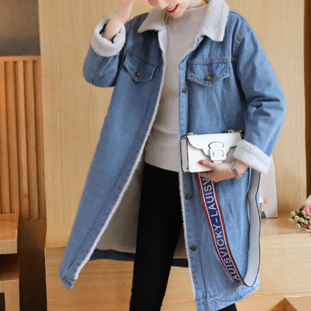 Streetwave Denim Coat For Women With Warm Fleece Lining Cozy Elegant Winter Jacket For Outdoors