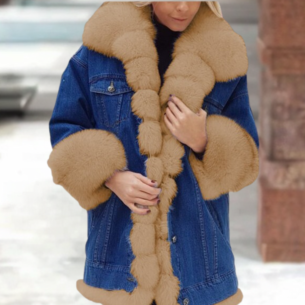 Street-Wave Denim Coat For Women With Lux Fur Trim Winter Warmth And Wind Protection