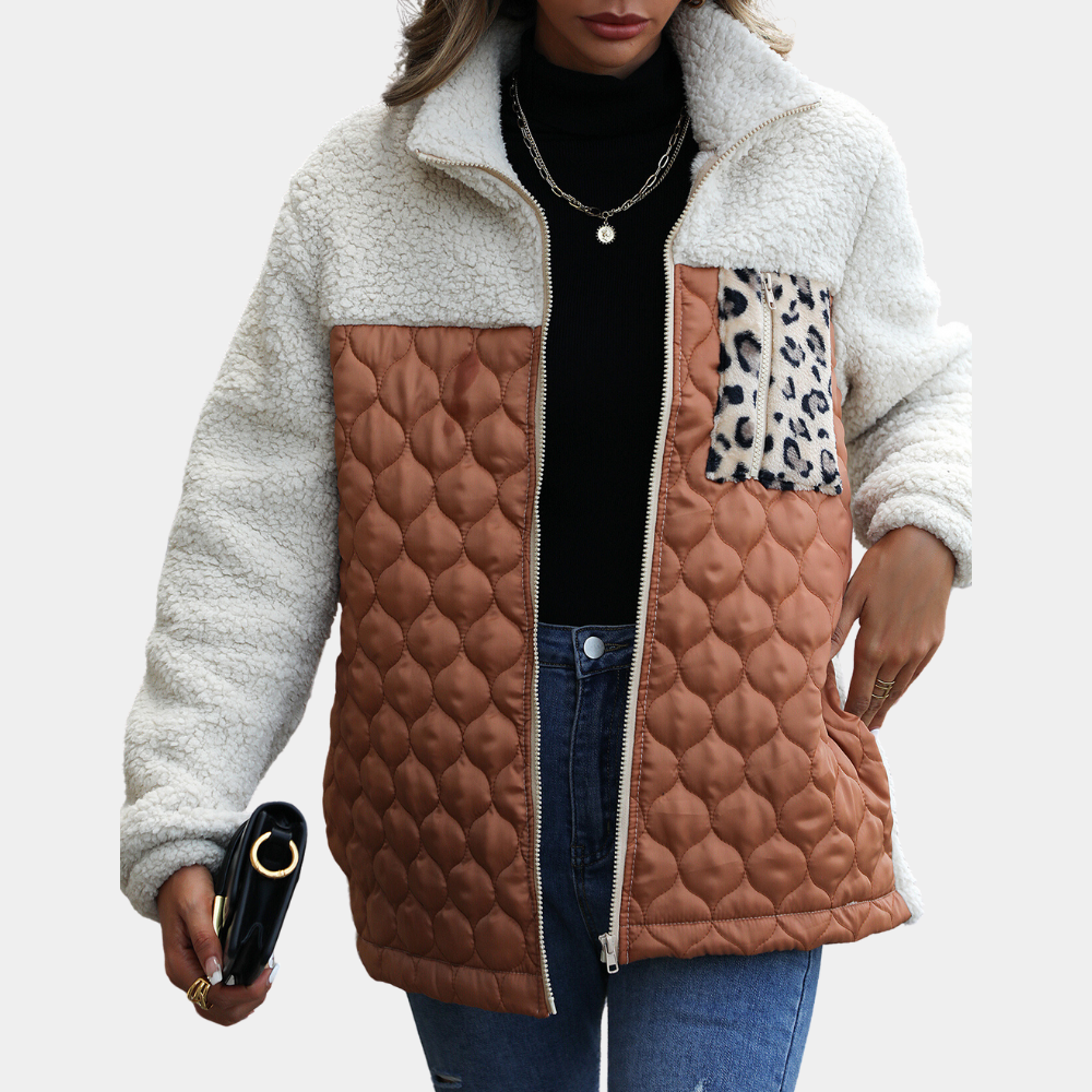 Street-Wave Plush Jacket Estefania For Stylish Women Warm Cozy Patchwork Leopard Detail