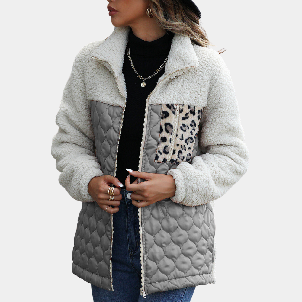 Street-Wave Plush Jacket Estefania For Stylish Women Warm Cozy Patchwork Leopard Detail