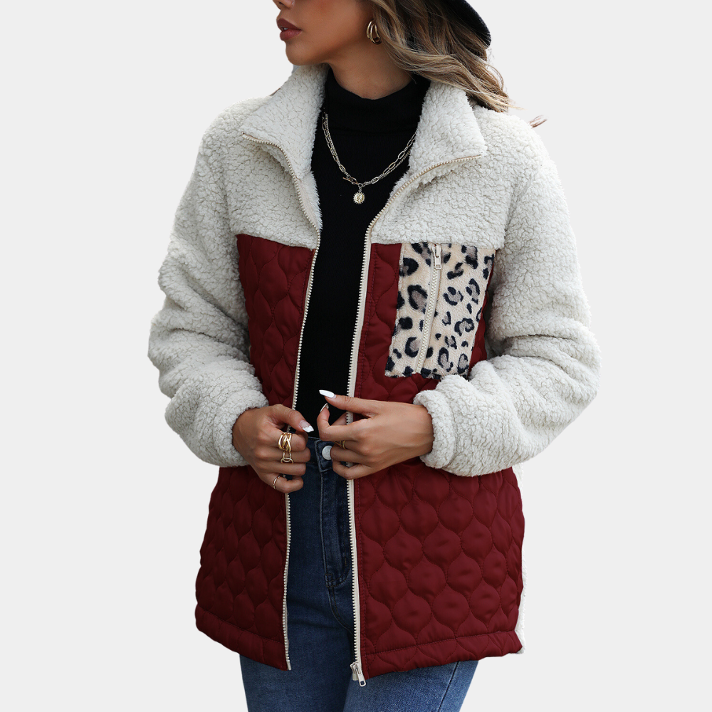 Street-Wave Plush Jacket Estefania For Stylish Women Warm Cozy Patchwork Leopard Detail
