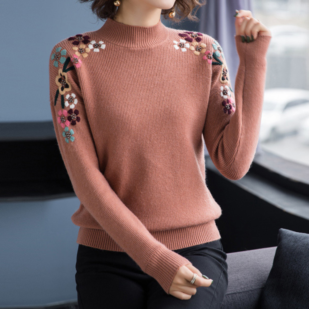 Streetwave Soft Embroidered Floral Sweater For Women Cozy Knit With Shoulder Embroidery