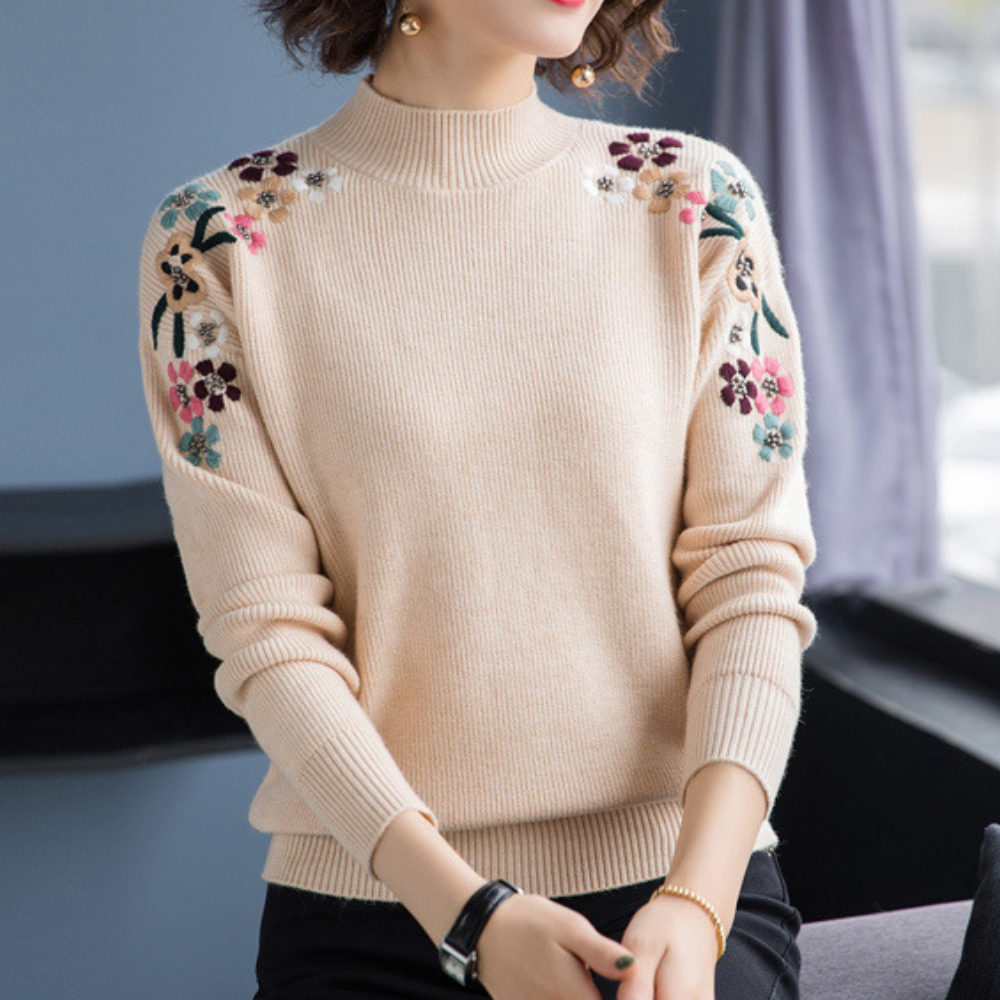 Streetwave Soft Embroidered Floral Sweater For Women Cozy Knit With Shoulder Embroidery