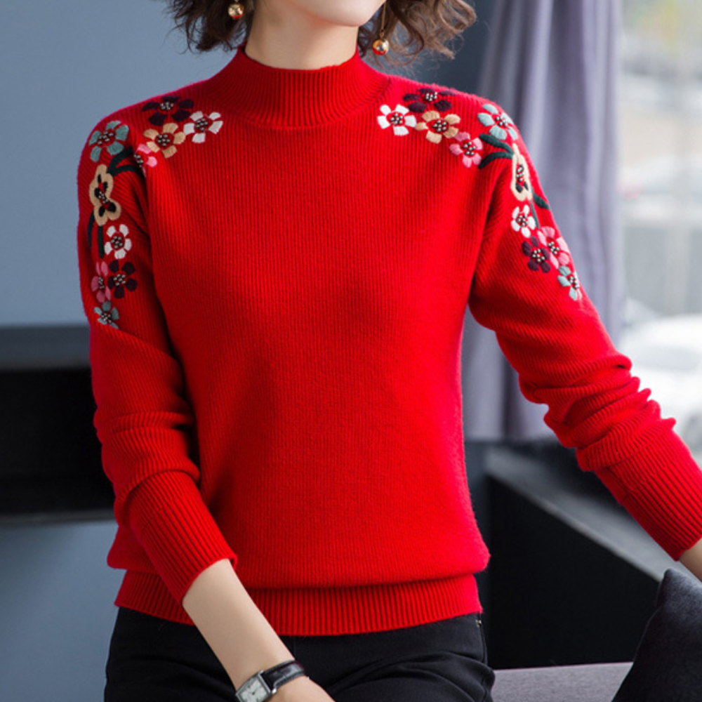 Streetwave Soft Embroidered Floral Sweater For Women Cozy Knit With Shoulder Embroidery